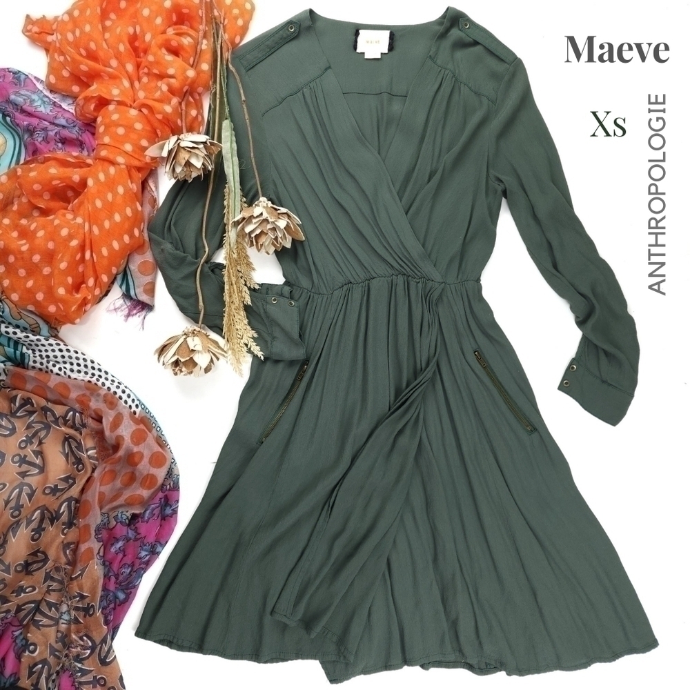 Maeve Anthropologie Green Viscose Blend Faux Wrap Dress Sz Xs